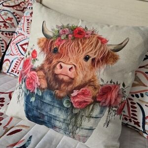 Highland Cow Floral Pillow
